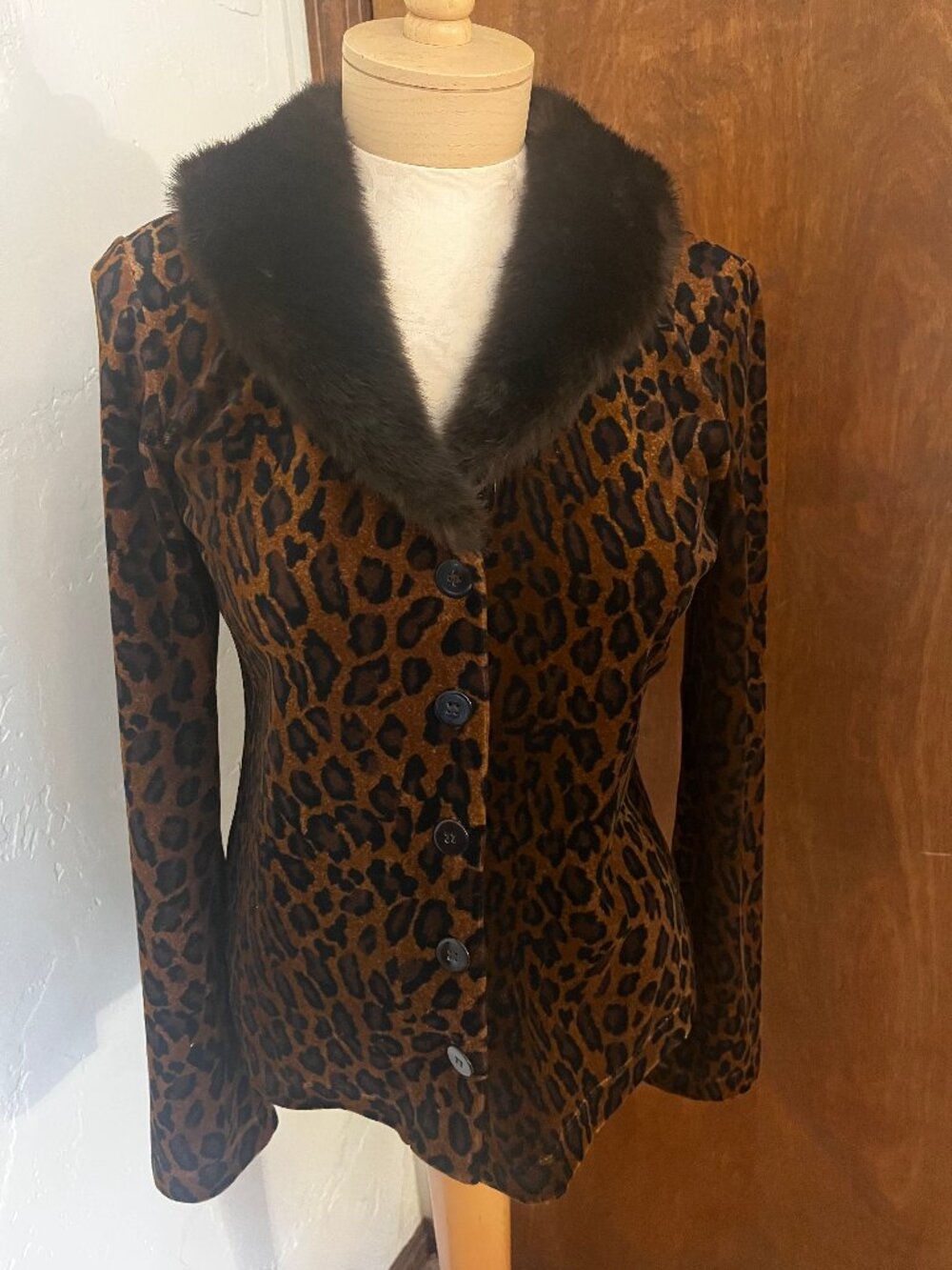 Vintage Carole Little Leopard Print Sweater/Jacket w/ Faux Fur Collar, Size S